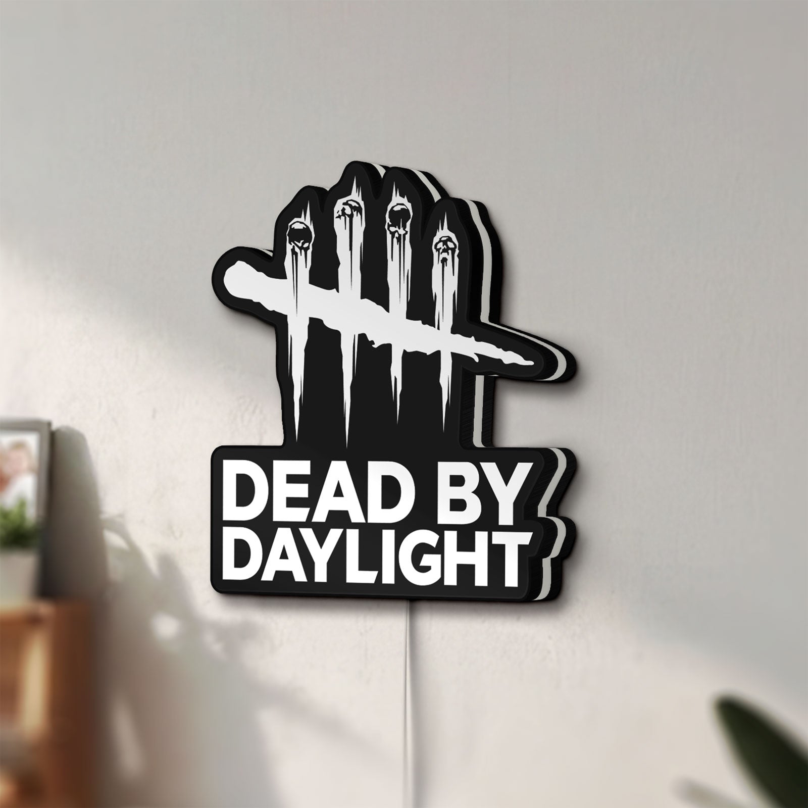 Unlit Dead by Daylight DbD Horror LED lightbox mounted on a wall in daylight