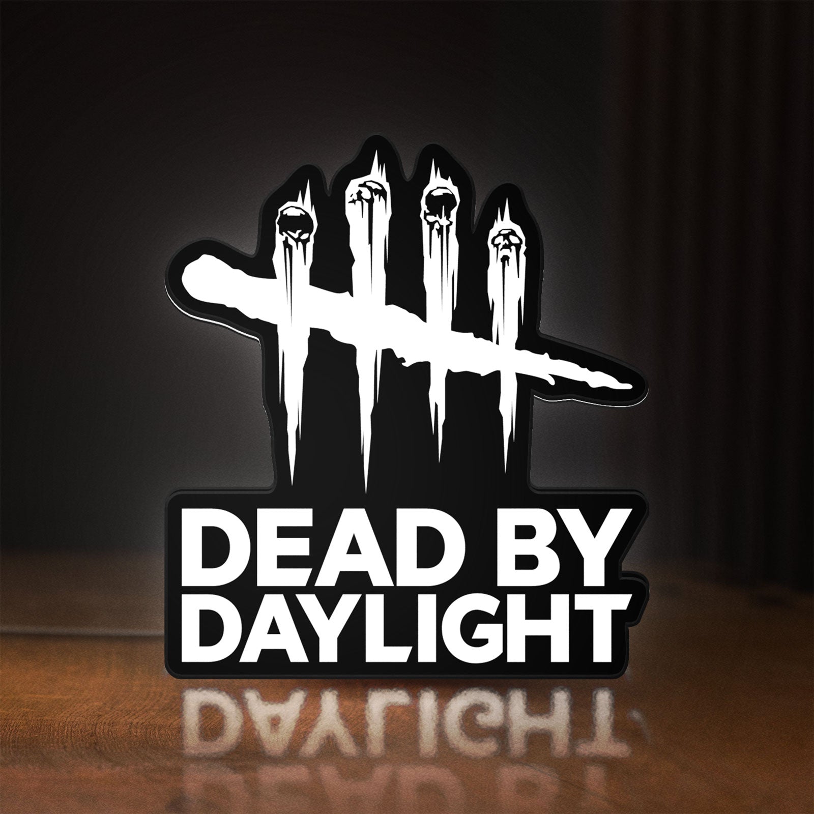 Front view of Dead by Daylight DbD Horror LED lightbox sign glowing on a wooden desk