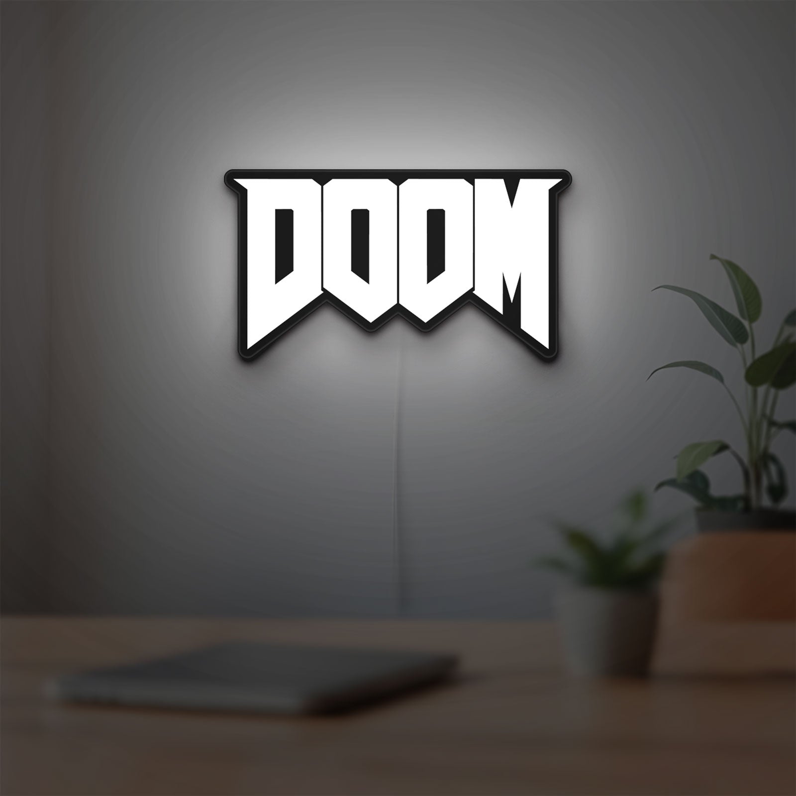 DOOM Slayer Space Marine Retro FPS LED lightbox hanging on a room wall with soft white light