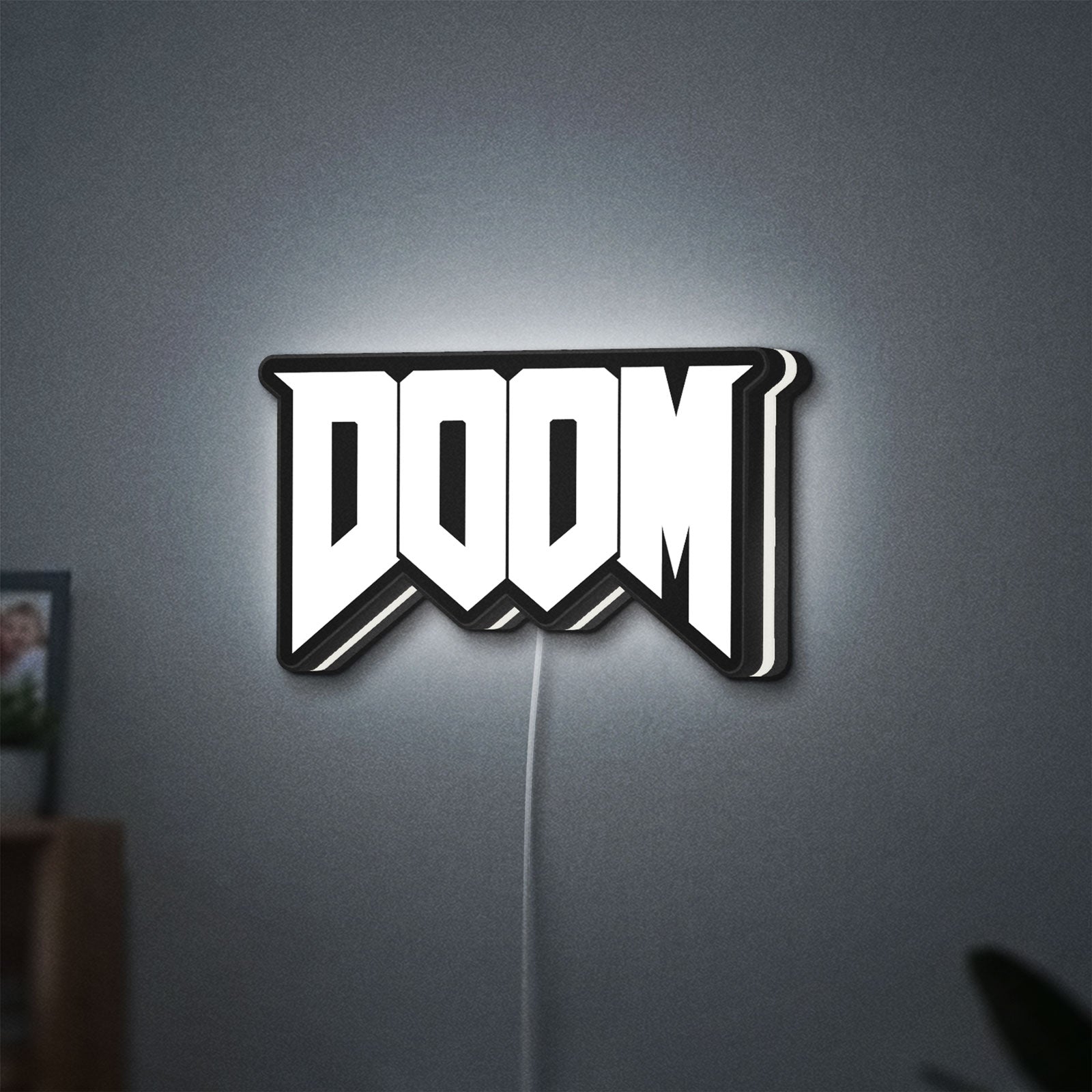 DOOM Slayer Space Marine Retro FPS LED lightbox hanging on a wall with white glow