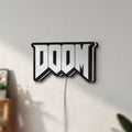 Unlit DOOM Slayer Space Marine Retro FPS LED lightbox mounted on a wall in daylight