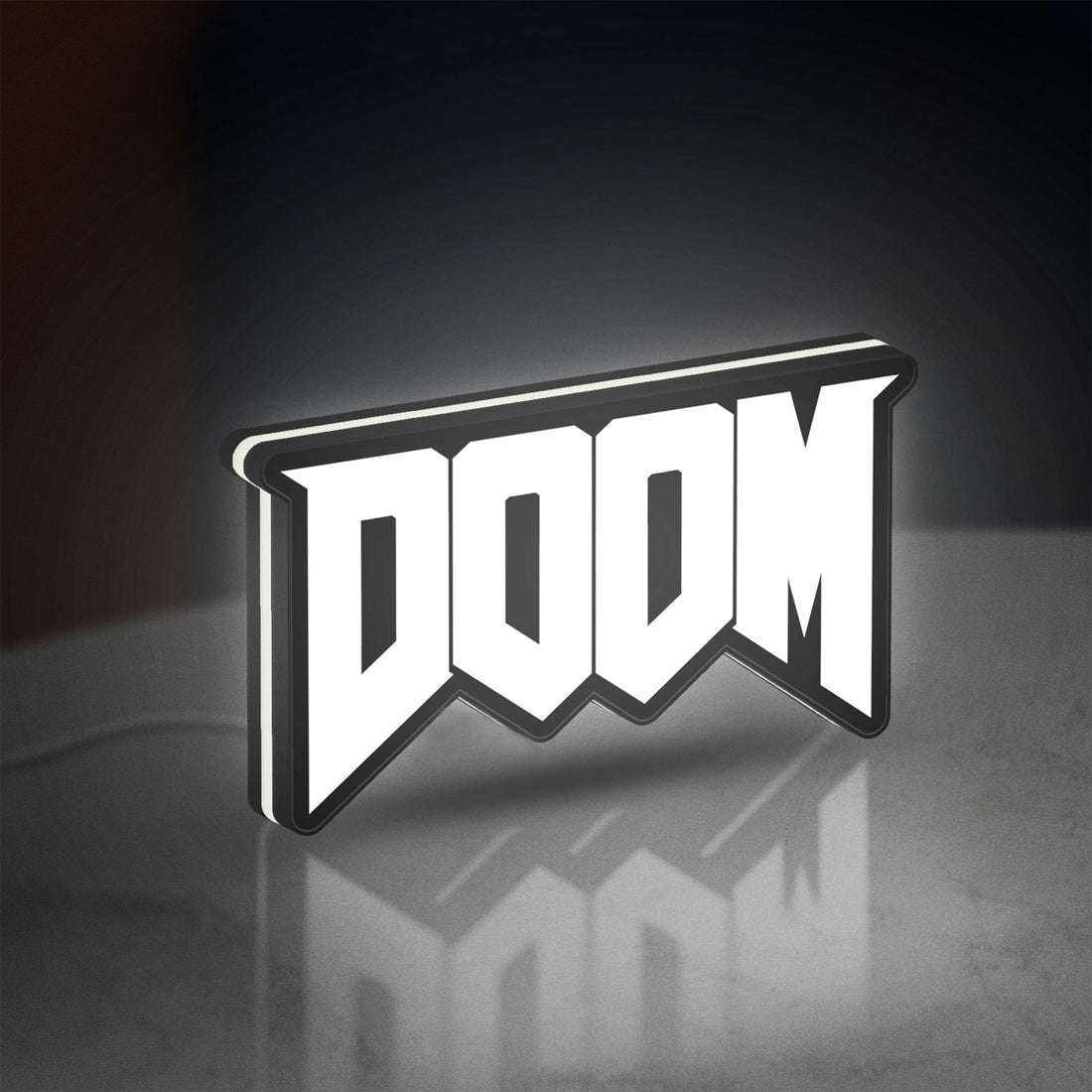 DOOM Slayer Space Marine Retro FPS LED lightbox hanging on a wall with white glow