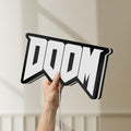 Unlit DOOM Slayer Space Marine Retro FPS LED lightbox held by hand to show size and details