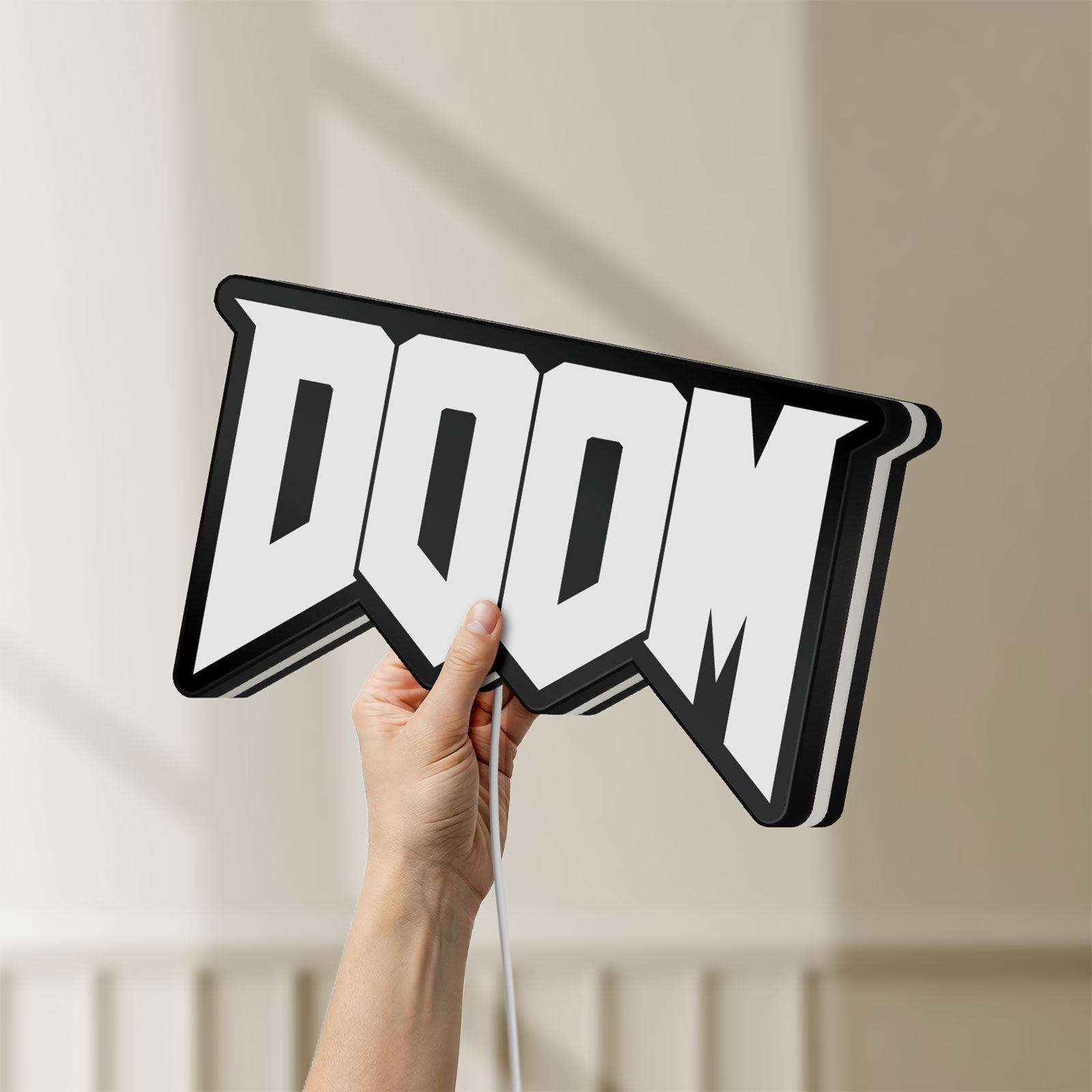 Unlit DOOM Slayer Space Marine Retro FPS LED lightbox held by hand to show size and details