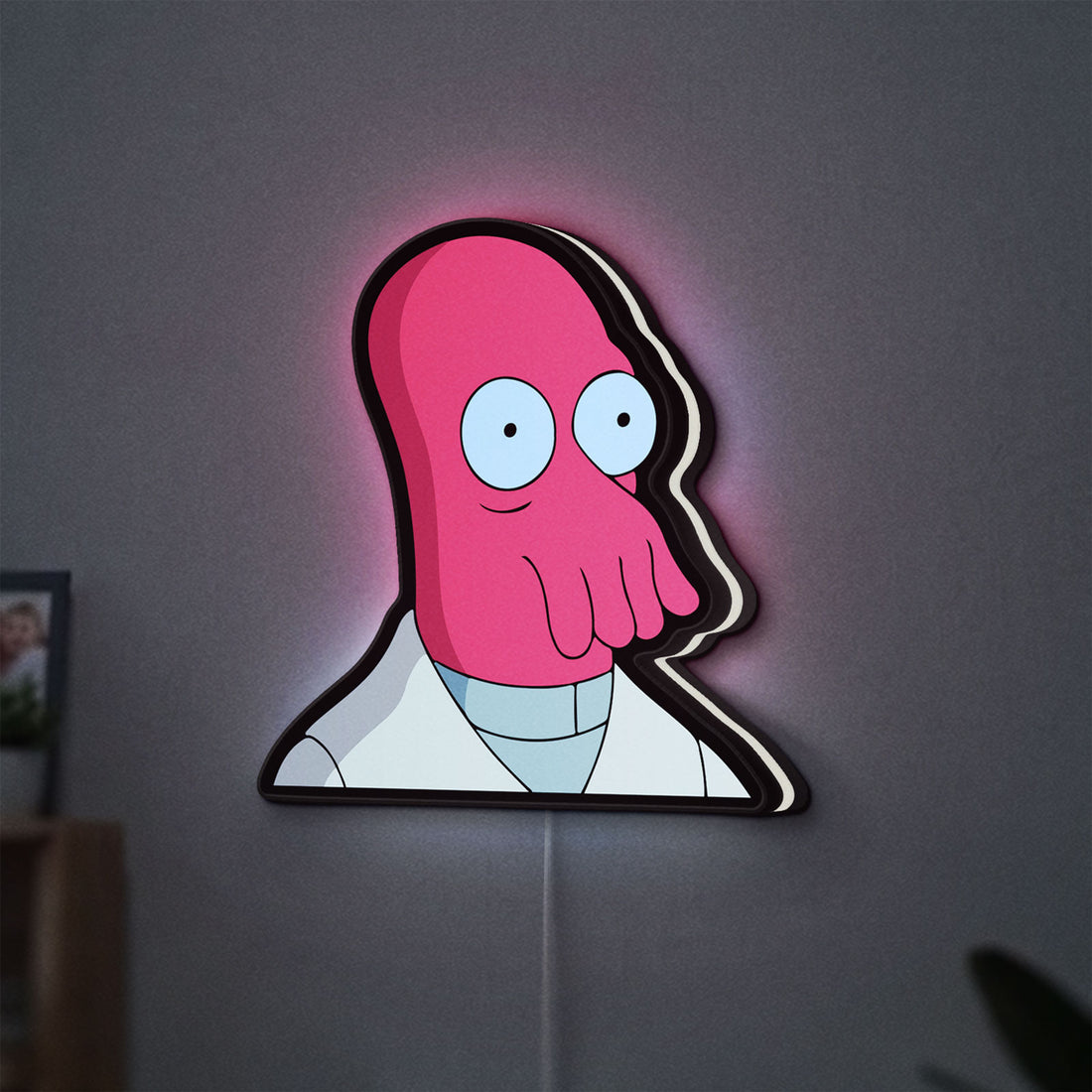 Futurama Doctor Zoidberg Comedy LED lightbox hanging on a wall with white glow