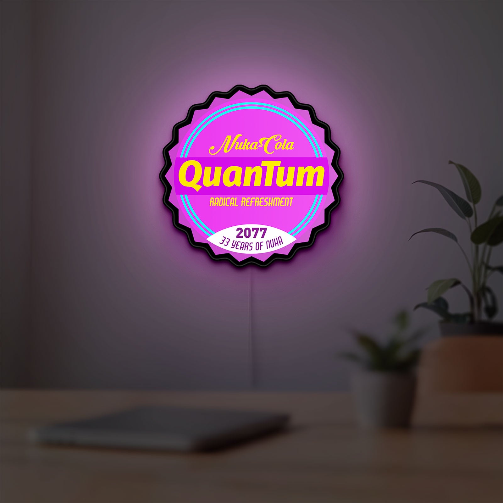 Fallout Nuka Cola Quantum RPG LED lightbox hanging on a room wall with soft purple light