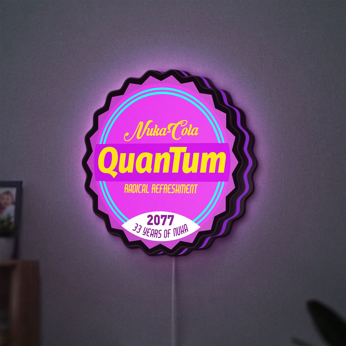 Fallout Nuka Cola Quantum RPG LED lightbox hanging on a wall with purple glow