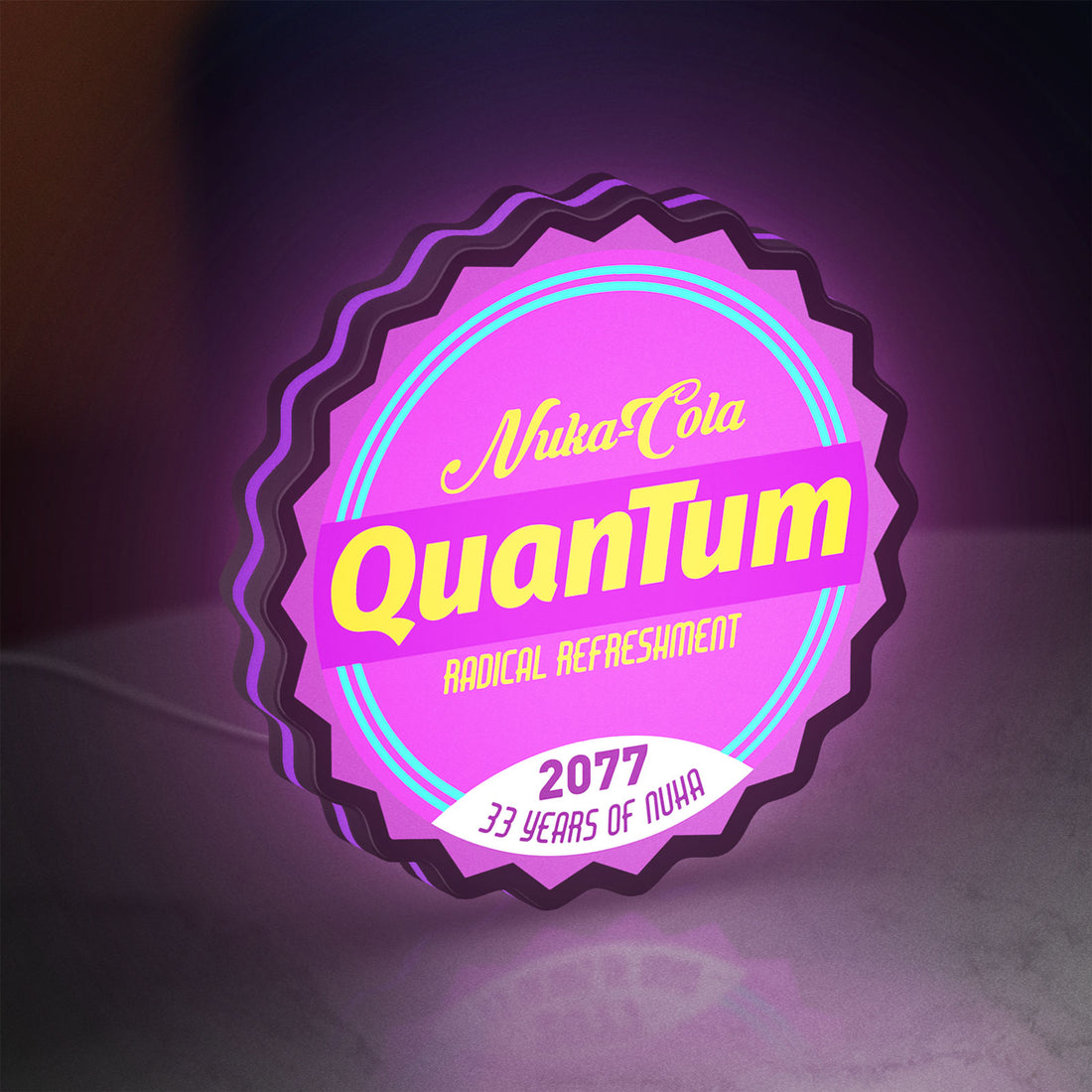 Fallout Nuka Cola Quantum RPG LED lightbox hanging on a wall with purple glow