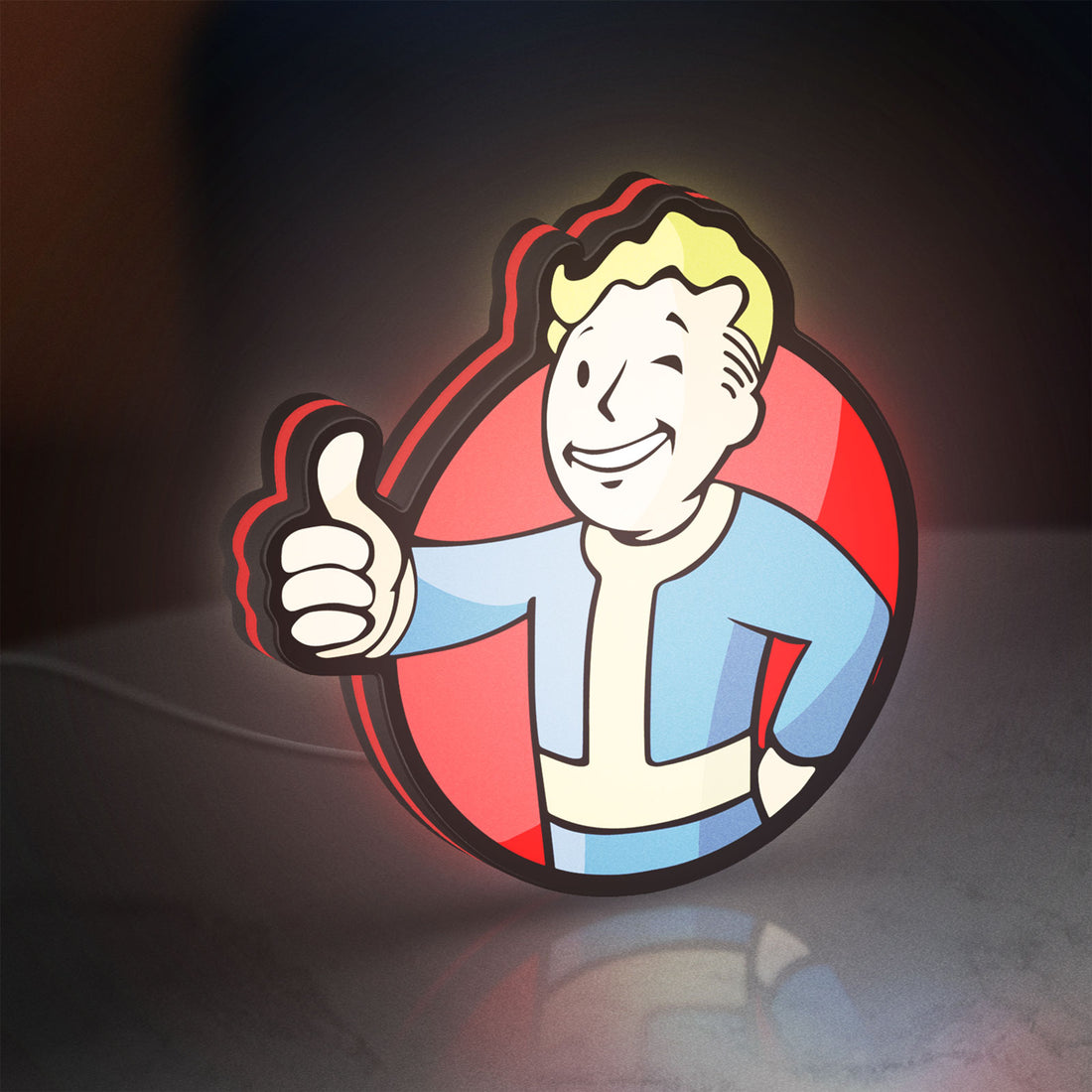 Fallout Vault Boy Thumbs Up Mascot LED lightbox hanging on a wall with red glow