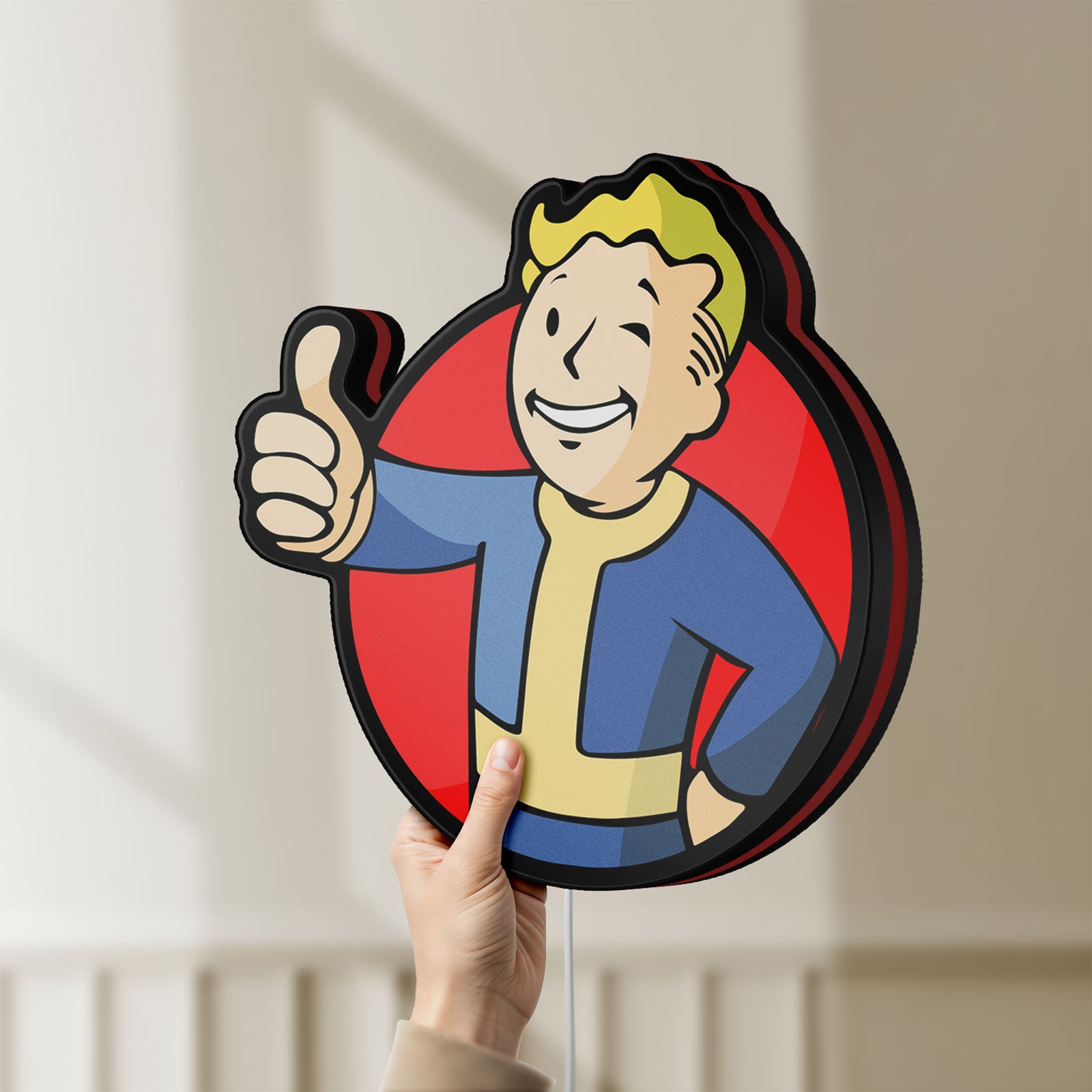Unlit Fallout Vault Boy Thumbs Up Mascot LED lightbox held by hand to show size and details