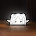 Front view of Frieren Beyond Journeys End Elf LED lightbox sign glowing on a wooden desk