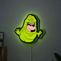 Ghostbusters Slimer 80s Movie LED lightbox hanging on a wall with green glow