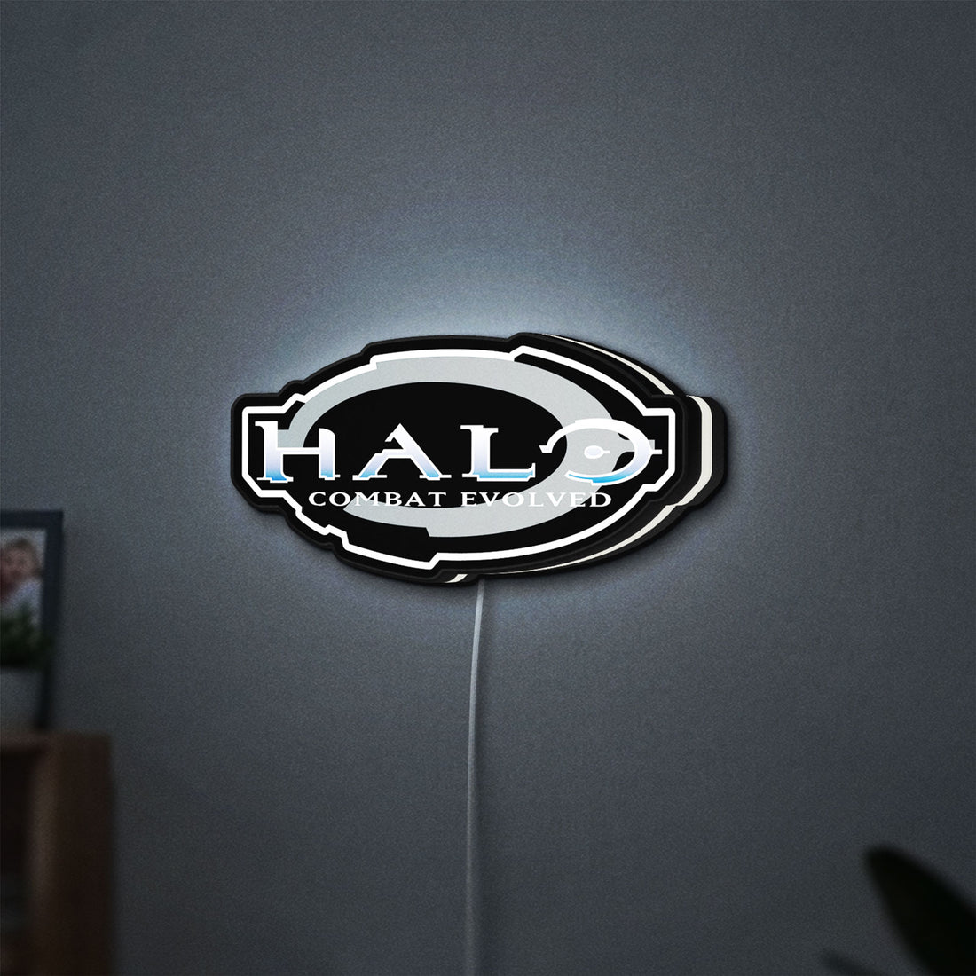 Halo Master Chief Xbox FPS Gamer LED lightbox hanging on a wall with white glow