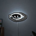 Halo Master Chief Xbox FPS Gamer LED lightbox hanging on a wall with white glow
