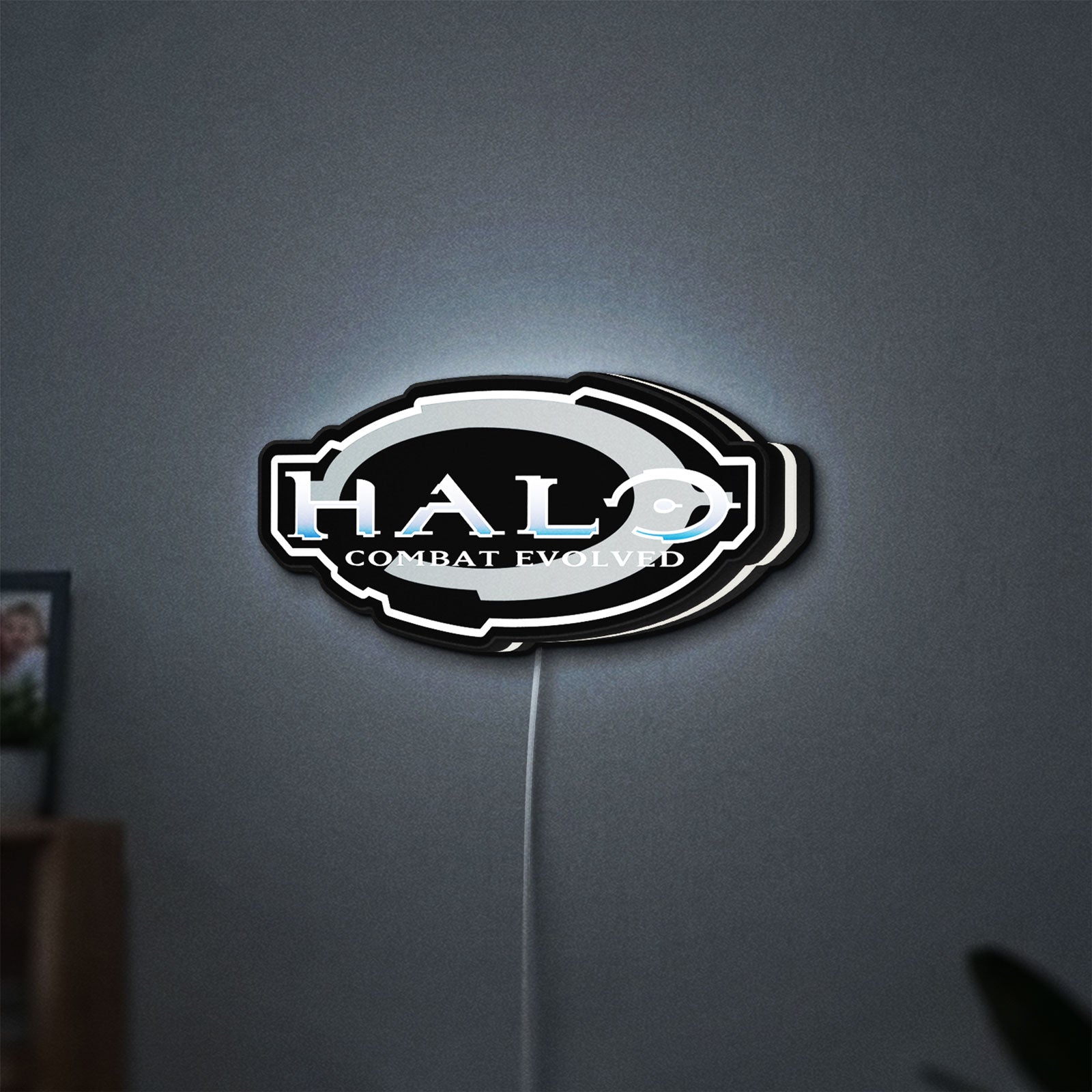 Halo Master Chief Xbox FPS Gamer LED lightbox hanging on a wall with white glow