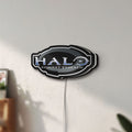 Unlit Halo Master Chief Xbox FPS Gamer LED lightbox mounted on a wall in daylight