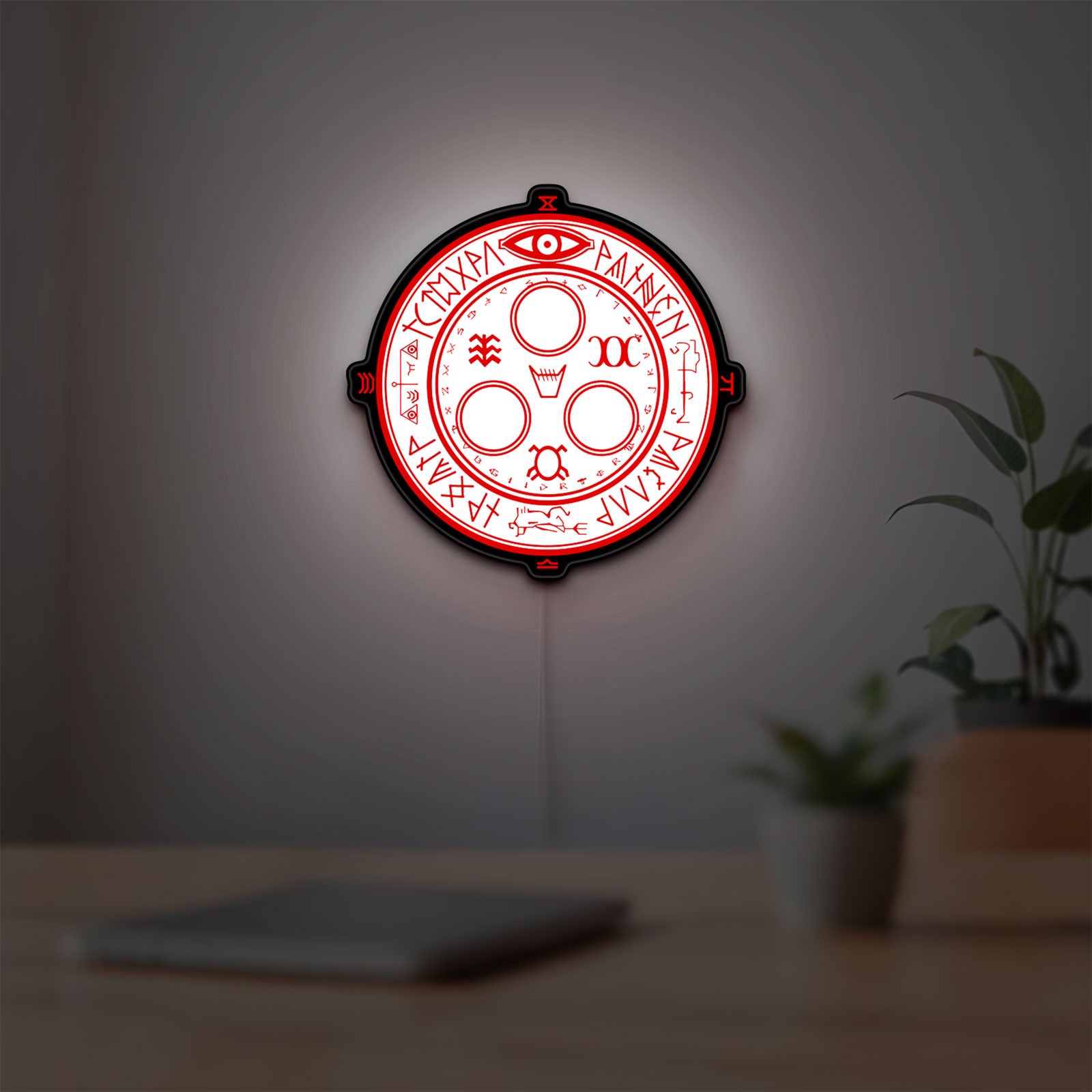 Silent Hill Halo of the Sun Horror LED lightbox hanging on a room wall with soft white and red light