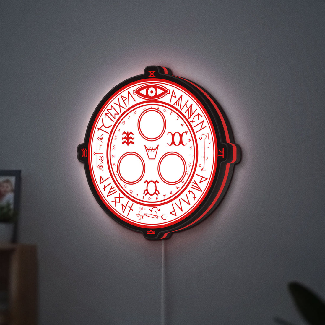 Silent Hill Halo of the Sun Horror LED lightbox hanging on a wall with white and red glow