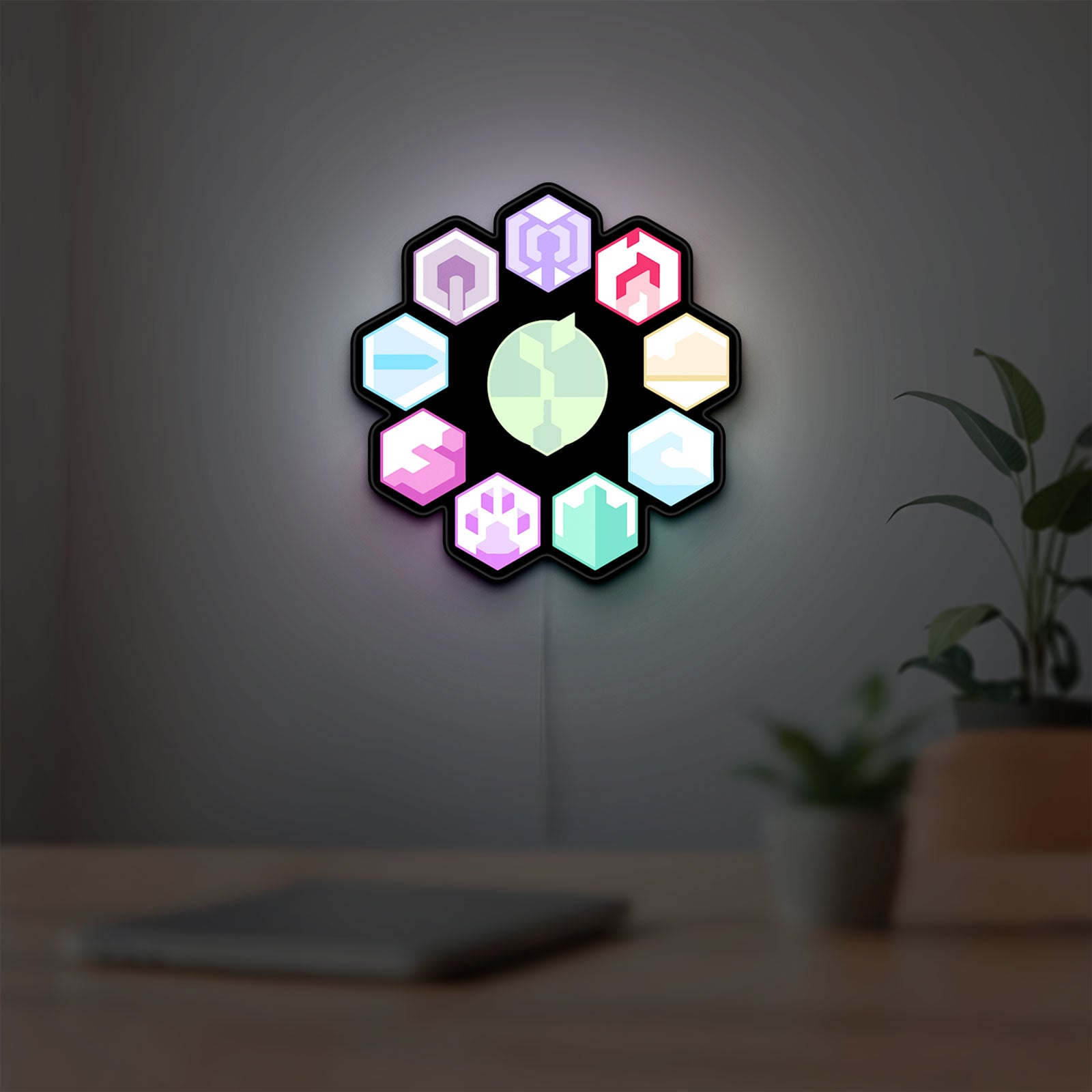 Horizon Zero Dawn GAIA Aloy PS5 LED lightbox hanging on a room wall with soft white light