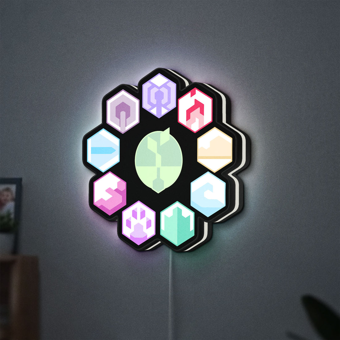 Horizon Zero Dawn GAIA Aloy PS5 LED lightbox hanging on a wall with white glow