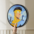 Unlit Invincible Title Logo Superhero LED lightbox held by hand to show size and details