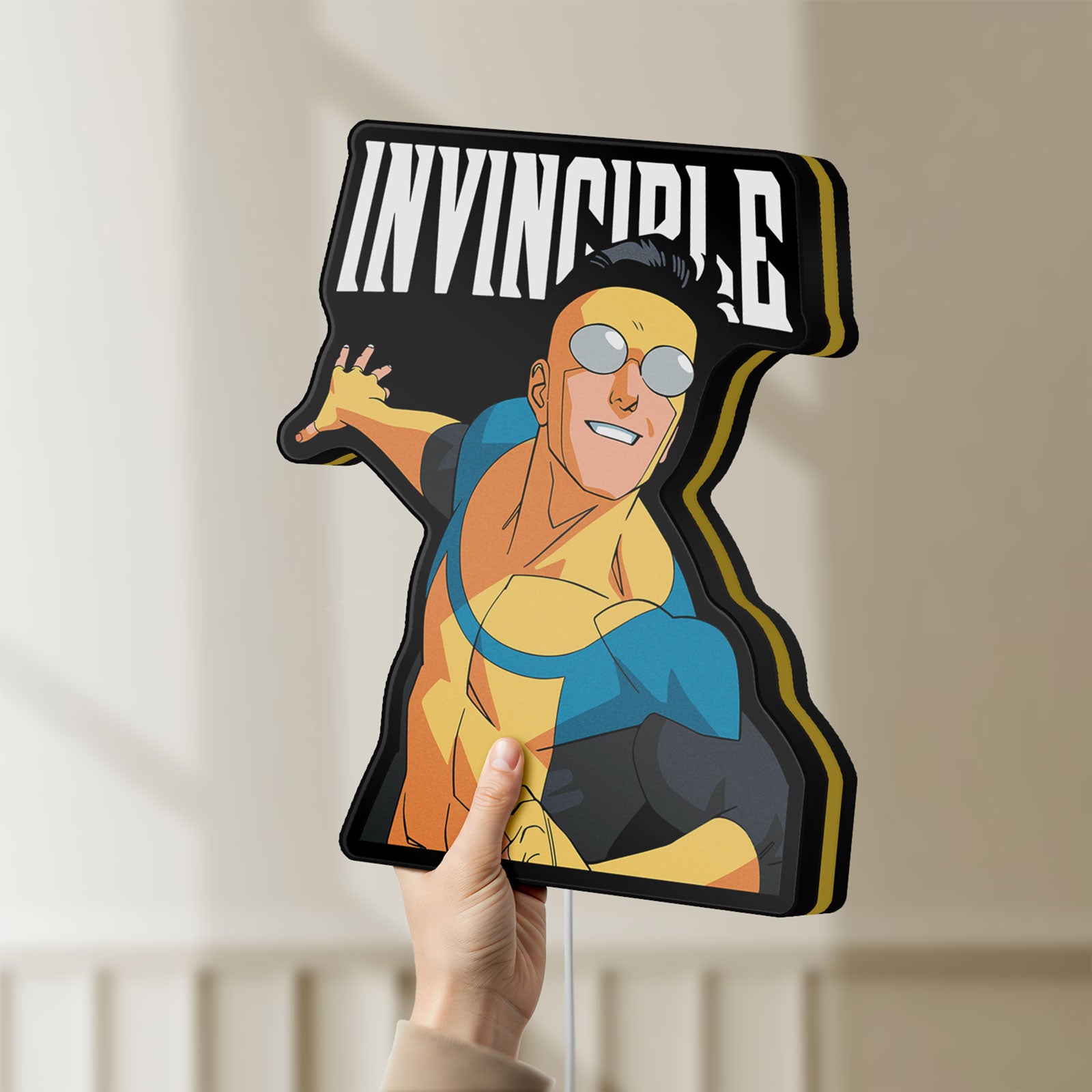 Unlit Invincible Think Mark Think Meme LED lightbox held by hand to show size and details