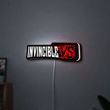 Invincible V Logo Mark Grayson LED lightbox hanging on a wall with white glow