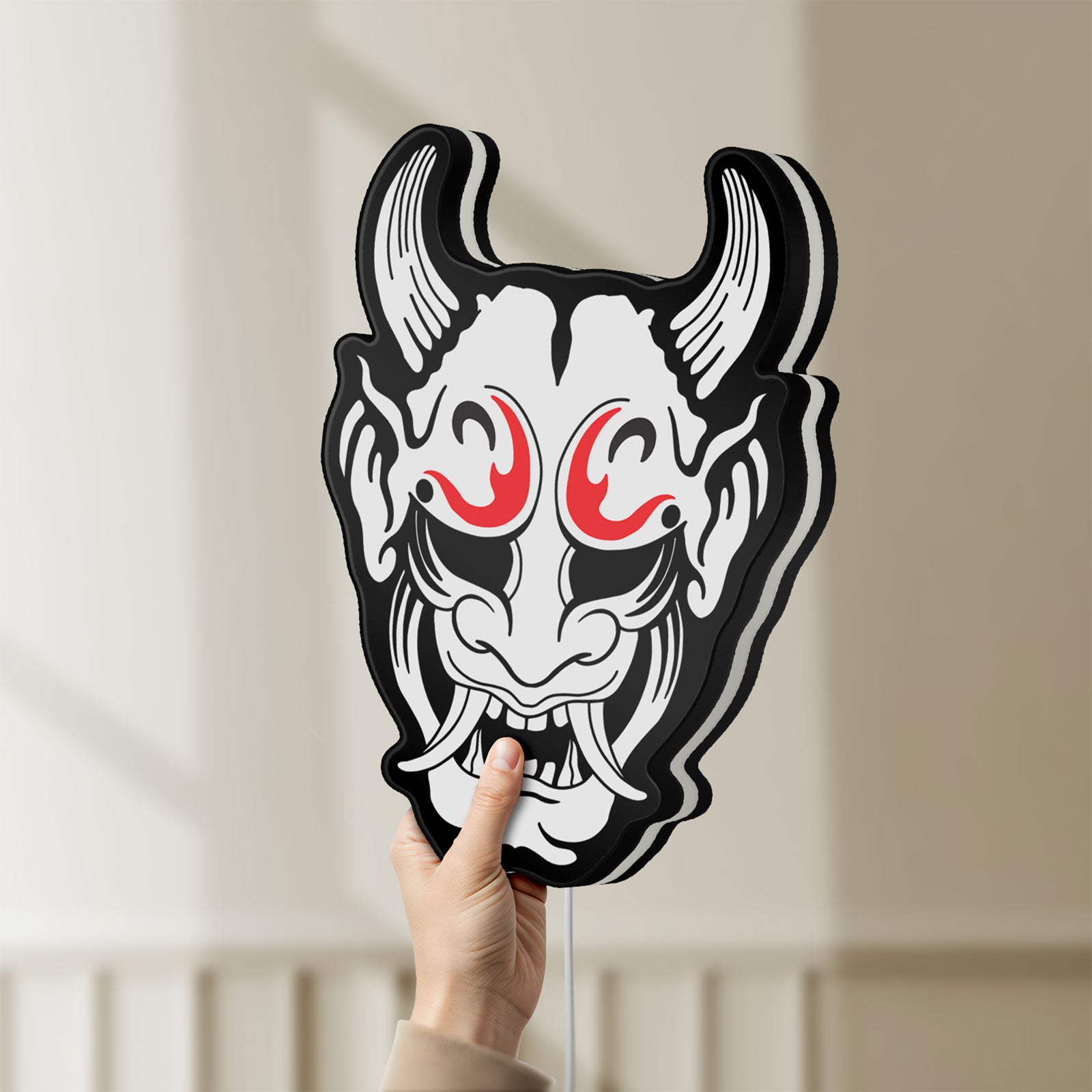 Unlit Cyberpunk Japanese Oni Mask Demon LED lightbox held by hand to show size and details