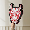 Unlit Cyberpunk Japanese Oni Mask Demon LED lightbox held by hand to show size and details