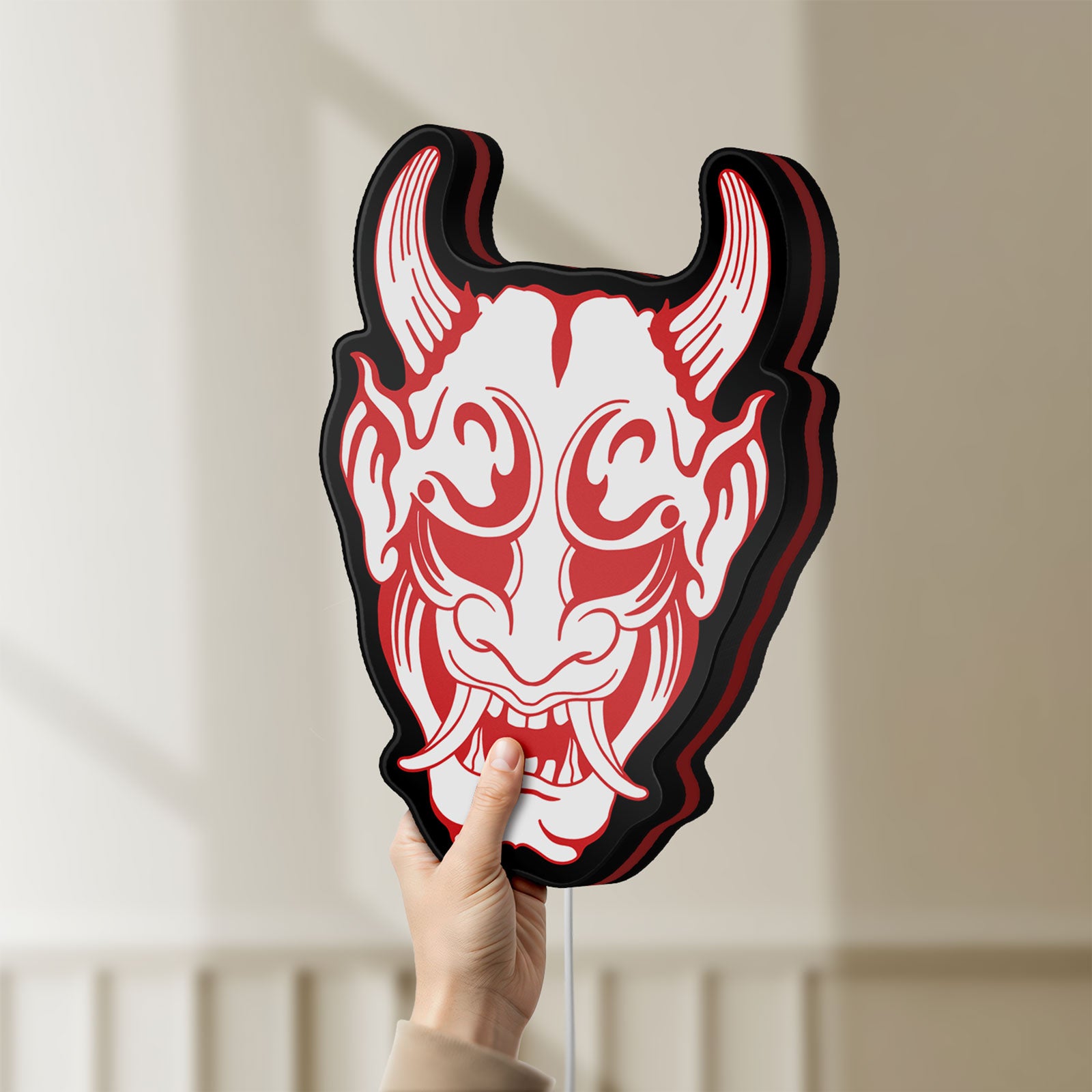Unlit Cyberpunk Japanese Oni Mask Demon LED lightbox held by hand to show size and details