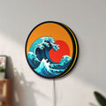 Unlit Great Wave off Kanagawa Ocean Art LED lightbox mounted on a wall in daylight