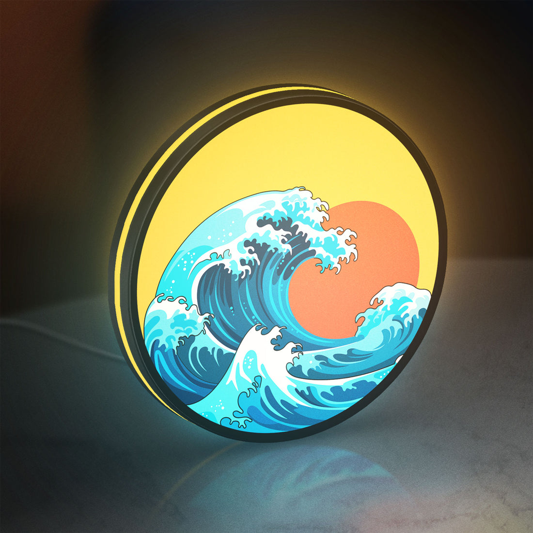 Great Wave off Kanagawa Ocean Art LED lightbox hanging on a wall with yellow glow