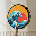 Unlit Great Wave off Kanagawa Ocean Art LED lightbox held by hand to show size and details