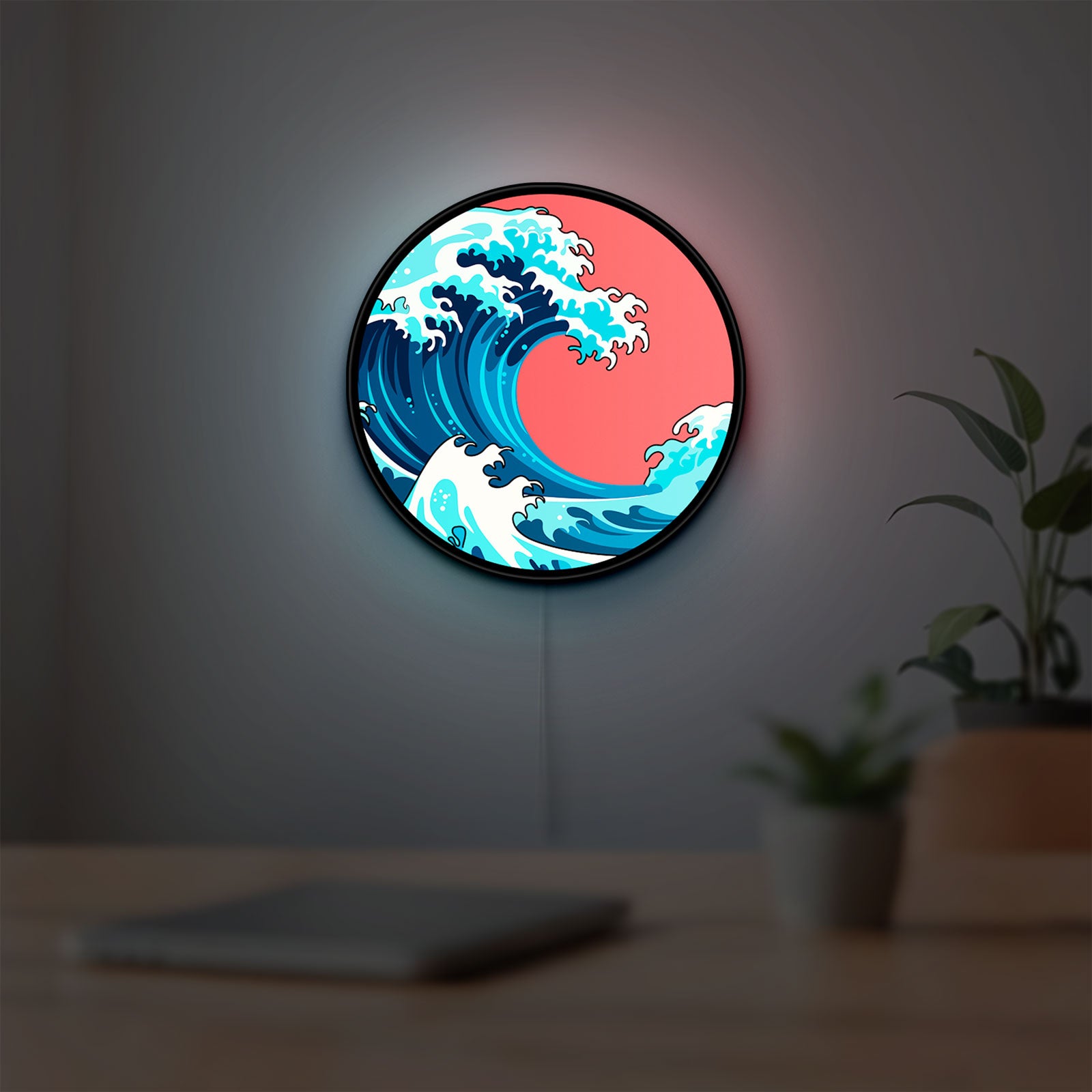 Great Wave off Kanagawa Ocean Art LED lightbox hanging on a room wall with soft red light