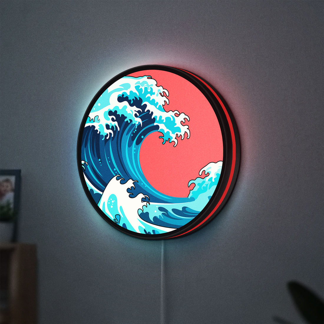 Great Wave off Kanagawa Ocean Art LED lightbox hanging on a wall with red glow