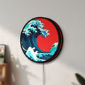 Unlit Great Wave off Kanagawa Ocean Art LED lightbox mounted on a wall in daylight