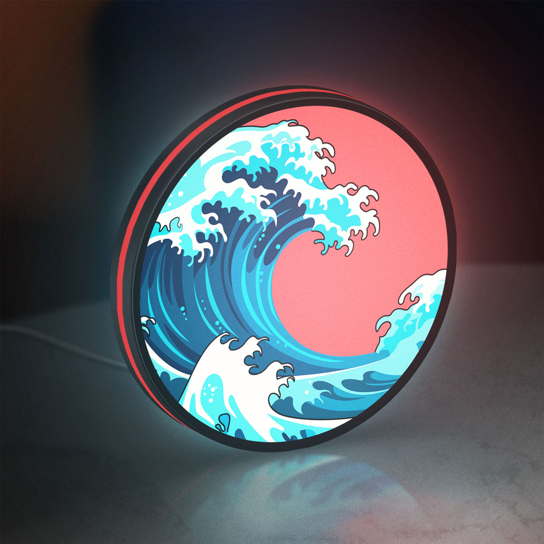 Great Wave off Kanagawa Ocean Art LED lightbox hanging on a wall with red glow