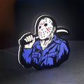 Friday the 13th Jason Mask Slasher LED lightbox standing on a desk from an angled side view with white glow