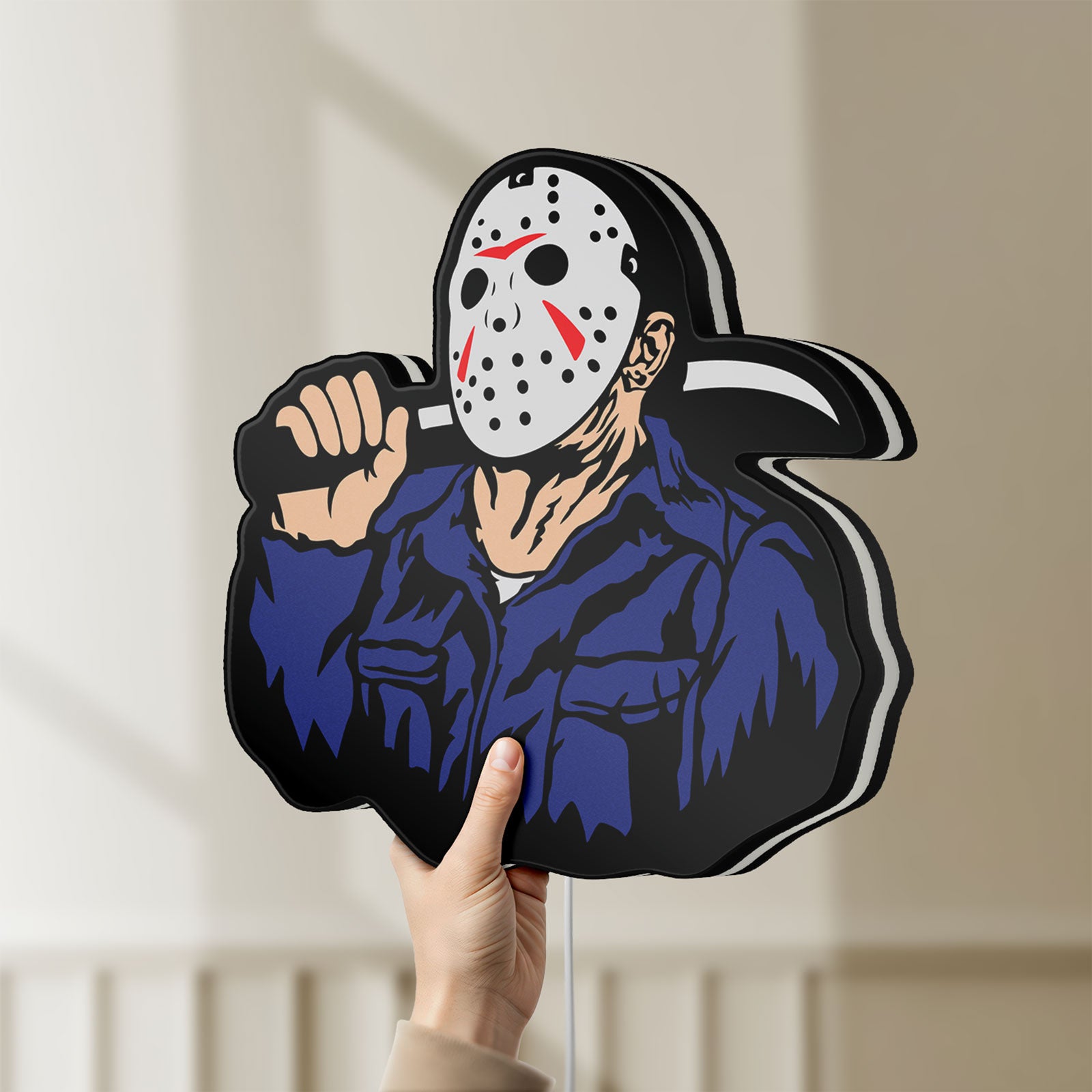 Unlit Friday the 13th Jason Mask Slasher LED lightbox held by hand to show size and details