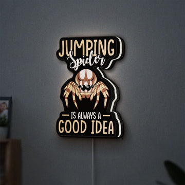 Cute Jumping Spider Arachnid Pet LED lightbox hanging on a wall with white glow