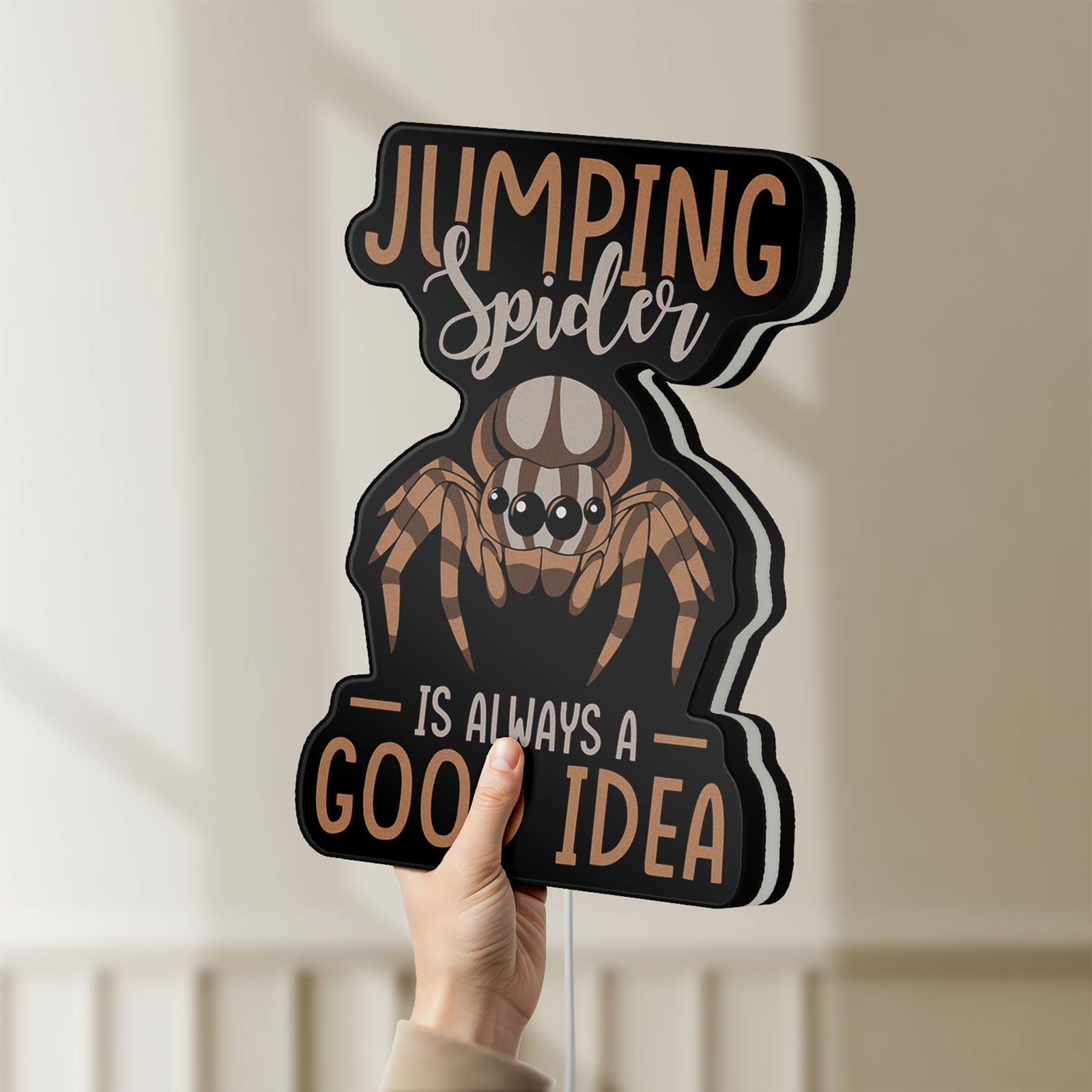 Unlit Cute Jumping Spider Arachnid Pet LED lightbox held by hand to show size and details