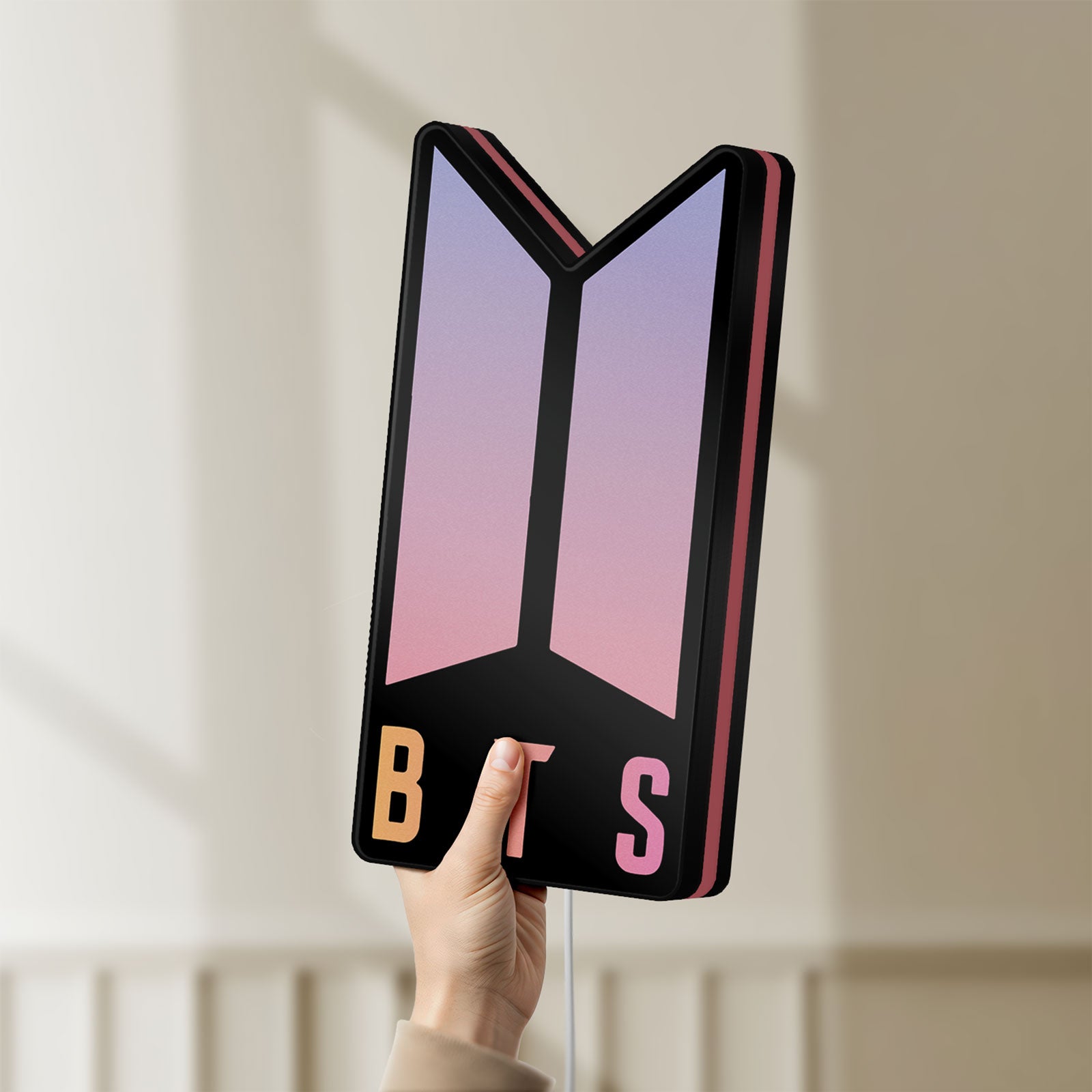Unlit BTS ARMY Logo K-Pop Idol Music Fan LED lightbox held by hand to show size and details