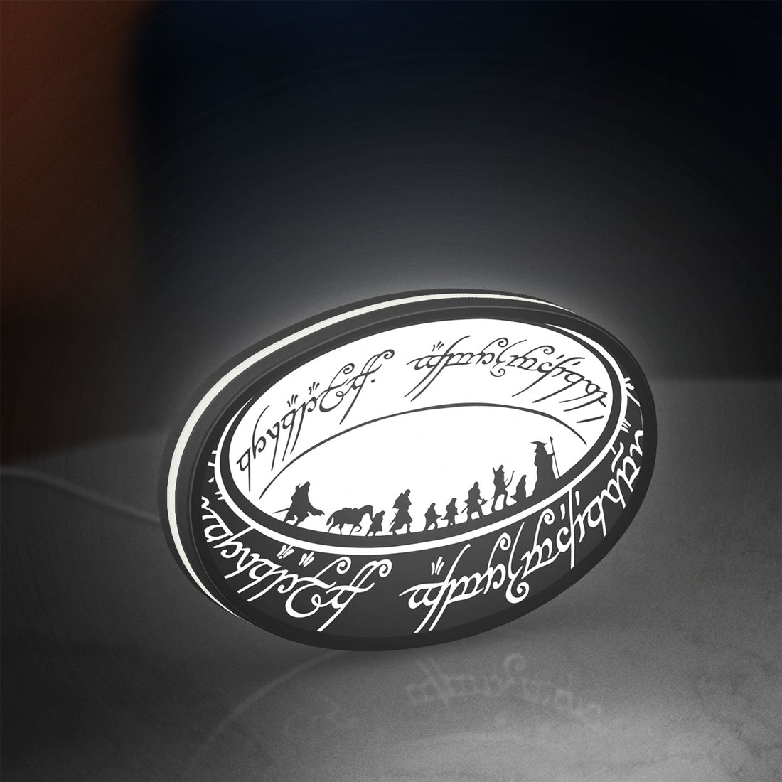 Lord of the Rings One Ring Fantasy LED lightbox hanging on a wall with white glow