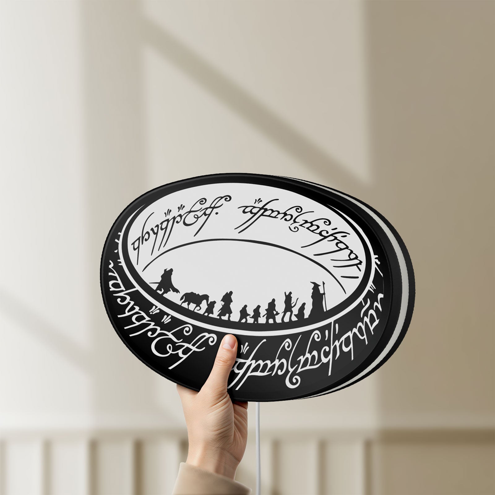 Unlit Lord of the Rings One Ring Fantasy LED lightbox held by hand to show size and details