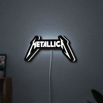 Metallica Band Logo Heavy Metal LED lightbox hanging on a wall with white glow