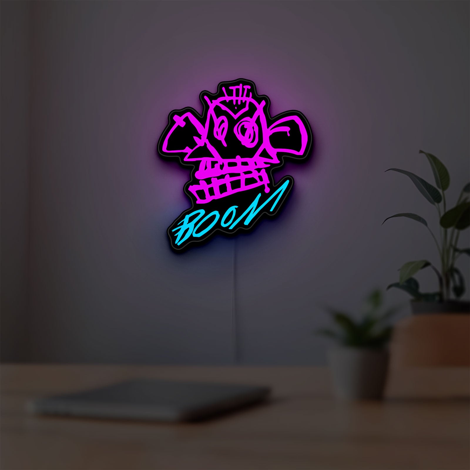 Arcane Jinx Monkey Graffiti LoL LED lightbox hanging on a room wall with soft pink light