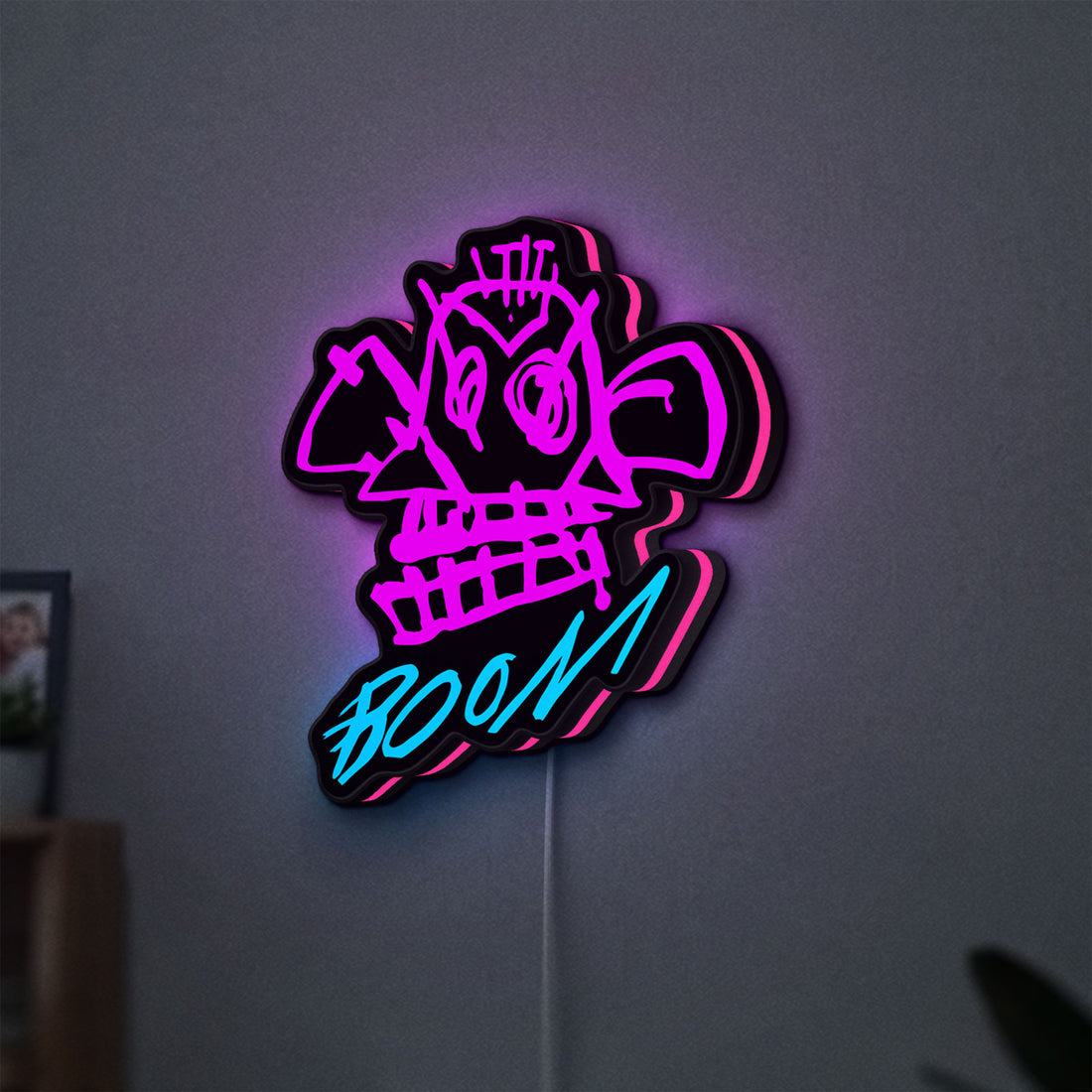 Arcane Jinx Monkey Graffiti LoL LED lightbox hanging on a wall with pink glow