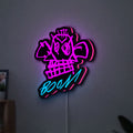 Arcane Jinx Monkey Graffiti LoL LED lightbox hanging on a wall with pink glow