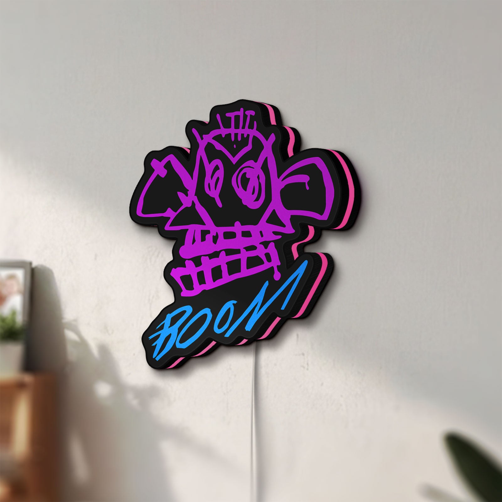 Unlit Arcane Jinx Monkey Graffiti LoL LED lightbox mounted on a wall in daylight