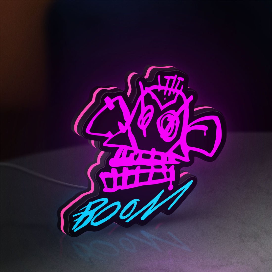 Arcane Jinx Monkey Graffiti LoL LED lightbox hanging on a wall with pink glow
